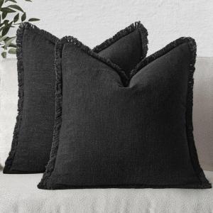 MIULEE Christmas Decorative Throw Pillow Covers Neutral Linen Fringe Throw Pillows Set of 2 Natural Beige Boho Farmhouse Cushion Covers with Tassels for Couch Sofa Bed Living Room Decor 18×18 Inch(Black)