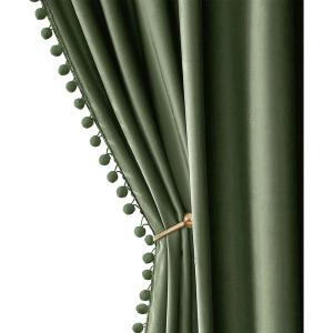 MIULEE Christmas Emerald Green Pom Pom Velvet Curtains for Bedroom/Living Room Darkening Thermal Insulating 84 Inches Long Blackout Curtain with Rod Pocket for Girls Room/Nursery/Home Theater Set of 2(Olive Green)