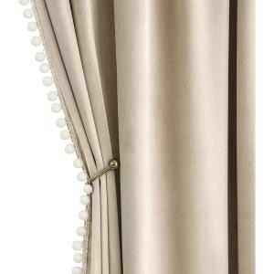 MIULEE Christmas Emerald Green Pom Pom Velvet Curtains for Bedroom/Living Room Darkening Thermal Insulating 84 Inches Long Blackout Curtain with Rod Pocket for Girls Room/Nursery/Home Theater Set of 2(Beige)