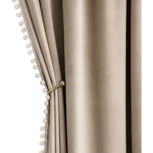 MIULEE Christmas Emerald Green Pom Pom Velvet Curtains for Bedroom/Living Room Darkening Thermal Insulating 84 Inches Long Blackout Curtain with Rod Pocket for Girls Room/Nursery/Home Theater Set of 2(Camel Beige)