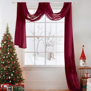 MIULEE Christmas Luxury Window Scarf Sheer Voile Elegant Topper Long Window Valance Solid Window Treatment Swags Drapes for Window Ceremony Wedding Canopy Bed 54″ x 216″ Maroon Red 1 Piece(Maroon Red)