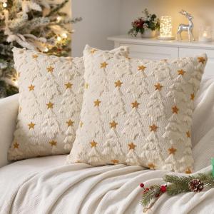 MIULEE Christmas Pillow Covers 18×18 Inch Set of 2, Beige Christmas Tree Plush Faux Fur Pillowcases Soft Decorative Throw Pillow Cases for Couch Sofa Living Room Winter Xmas Holiday Home Decor(Beige)
