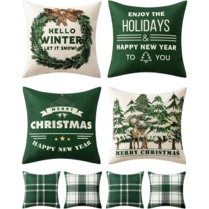 MIULEE Christmas Pillow Covers Set of 4 Plaid Throw Pillow Covers Red Tree Reindeer Wreath Winter Holiday Cushion Case Farmhouse Modern for Sofa Couch Home Decor,18×18 Inch(Dark Green)