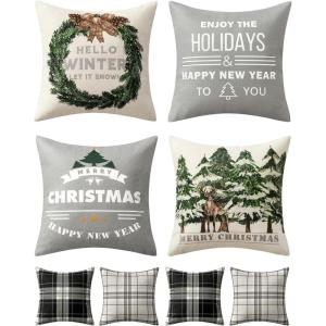 MIULEE Christmas Pillow Covers Set of 4 Plaid Throw Pillow Covers Red Tree Reindeer Wreath Winter Holiday Cushion Case Farmhouse Modern for Sofa Couch Home Decor,18×18 Inch(Grey)