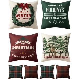 MIULEE Christmas Pillow Covers Set of 4 Plaid Throw Pillow Covers Red Tree Reindeer Wreath Winter Holiday Cushion Case Farmhouse Modern for Sofa Couch Home Decor,18×18 Inch(Red and Green)