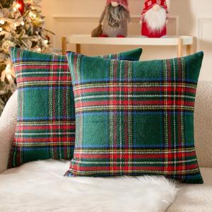 MIULEE Christmas Plaid Decorative Throw Pillow Covers Set of 2 Scottish Tartan Vintage Farmhouse Winter Cuhion Case Pillow Covers for Couch livingroom Sofa Bed Porch Home Decor 18x18inch Red(Green)