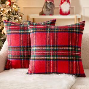 MIULEE Christmas Plaid Decorative Throw Pillow Covers Set of 2 Scottish Tartan Vintage Farmhouse Winter Cuhion Case Pillow Covers for Couch livingroom Sofa Bed Porch Home Decor 18x18inch Red(Red)