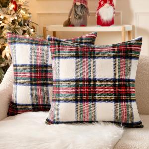 MIULEE Christmas Plaid Decorative Throw Pillow Covers Set of 2 Scottish Tartan Vintage Farmhouse Winter Cuhion Case Pillow Covers for Couch livingroom Sofa Bed Porch Home Decor 18x18inch Red(White)