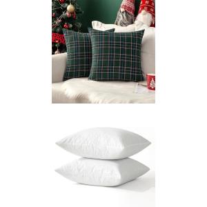 MIULEE Christmas Set of 2 Scottish Tartan Plaid Throw Pillow Covers 18×18 Farmhouse Classic Green, 18×18 Pillow Inserts Pack of 2 Down Alternative Decorative Feather Throw Pillow Inserts for Sofa Bed