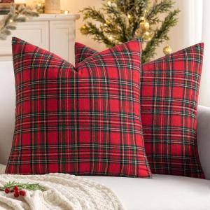 MIULEE Christmas Set of 2 Scottish Tartan Plaid Throw Pillow Covers Farmhouse Classic Decorative Outdoor Square Cushion Cases for Decor Sofa Couch 18×18 Inch, Green(Red)