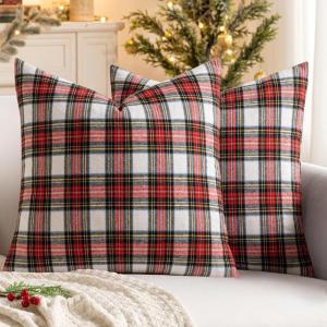 MIULEE Christmas Set of 2 Scottish Tartan Plaid Throw Pillow Covers Farmhouse Classic Decorative Outdoor Square Cushion Cases for Decor Sofa Couch 18×18 Inch, Green(Red and White)