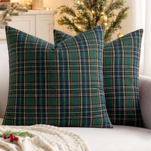 MIULEE Christmas Set of 2 Scottish Tartan Plaid Throw Pillow Covers Farmhouse Classic Decorative Outdoor Square Cushion Cases for Decor Sofa Couch 18×18 Inch, Green(Green)