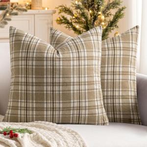 MIULEE Christmas Set of 2 Scottish Tartan Plaid Throw Pillow Covers Farmhouse Classic Decorative Outdoor Square Cushion Cases for Decor Sofa Couch 18×18 Inch, Green(Khaki and White)