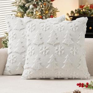 MIULEE Christmas Throw Pillow Covers 18×18 Set of 2 Christmas Decorations Beige Soft Plush Faux Fur Wool Xmas Tree Snowflakes Pillowcases Holiday Festivals Winter Home Decor Sofa Couch Bed Porch(Pure White)