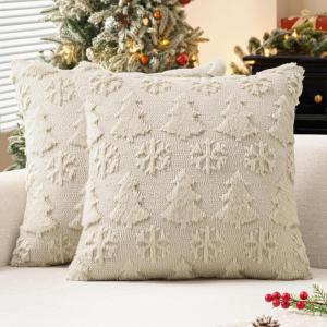 MIULEE Christmas Throw Pillow Covers 18×18 Set of 2 Christmas Decorations Beige Soft Plush Faux Fur Wool Xmas Tree Snowflakes Pillowcases Holiday Festivals Winter Home Decor Sofa Couch Bed Porch(Beige)