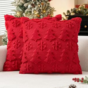 MIULEE Christmas Throw Pillow Covers 18×18 Set of 2 Christmas Decorations Beige Soft Plush Faux Fur Wool Xmas Tree Snowflakes Pillowcases Holiday Festivals Winter Home Decor Sofa Couch Bed Porch(Red)