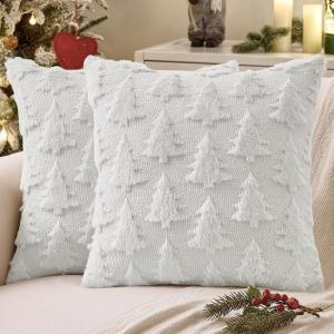 MIULEE Christmas Throw Pillow Covers Dark Green Christmas Decorations Set of 2 Xmas Tree 18×18 Pillow Covers Soft Plush Faux Wool Pillowcases Holiday Festivals Winter Home Decor Sofa Couch Bed Porch(Pure White)