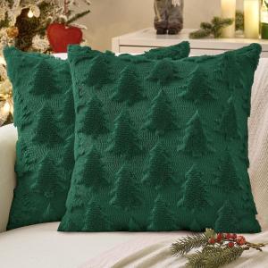 MIULEE Christmas Throw Pillow Covers Dark Green Christmas Decorations Set of 2 Xmas Tree 18×18 Pillow Covers Soft Plush Faux Wool Pillowcases Holiday Festivals Winter Home Decor Sofa Couch Bed Porch(Dark Green)