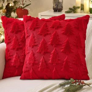 MIULEE Christmas Throw Pillow Covers Dark Green Christmas Decorations Set of 2 Xmas Tree 18×18 Pillow Covers Soft Plush Faux Wool Pillowcases Holiday Festivals Winter Home Decor Sofa Couch Bed Porch(Red)