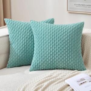 MIULEE Christmas Throw Pillow Covers Soft Corduroy Decorative Set of 2 Boho Striped Pillow Covers Pillowcases Farmhouse Home Decor for Couch Bed Sofa Living Room 18×18 Inch Pure White(Aqua Green)