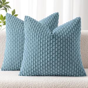 MIULEE Christmas Throw Pillow Covers Soft Corduroy Decorative Set of 2 Boho Striped Pillow Covers Pillowcases Farmhouse Home Decor for Couch Bed Sofa Living Room 18×18 Inch Pure White(Blue Grey)