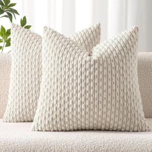 MIULEE Christmas Throw Pillow Covers Soft Corduroy Decorative Set of 2 Boho Striped Pillow Covers Pillowcases Farmhouse Home Decor for Couch Bed Sofa Living Room 18×18 Inch Pure White(Cream White)