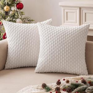 MIULEE Christmas Throw Pillow Covers Soft Corduroy Decorative Set of 2 Boho Striped Pillow Covers Pillowcases Farmhouse Home Decor for Couch Bed Sofa Living Room 18×18 Inch Pure White(Pure White)