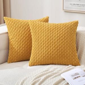 MIULEE Christmas Throw Pillow Covers Soft Corduroy Decorative Set of 2 Boho Striped Pillow Covers Pillowcases Farmhouse Home Decor for Couch Bed Sofa Living Room 18×18 Inch Pure White(Yellow)