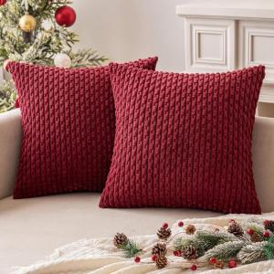 MIULEE Christmas Throw Pillow Covers Soft Corduroy Decorative Set of 2 Boho Striped Pillow Covers Pillowcases Farmhouse Home Decor for Couch Bed Sofa Living Room 18×18 Inch Pure White(Wine Red)
