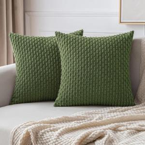 MIULEE Christmas Throw Pillow Covers Soft Corduroy Decorative Set of 2 Boho Striped Pillow Covers Pillowcases Farmhouse Home Decor for Couch Bed Sofa Living Room 18×18 Inch Pure White(Moss Green)