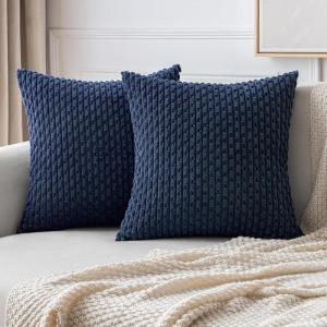 MIULEE Christmas Throw Pillow Covers Soft Corduroy Decorative Set of 2 Boho Striped Pillow Covers Pillowcases Farmhouse Home Decor for Couch Bed Sofa Living Room 18×18 Inch Pure White(Navy Blue)