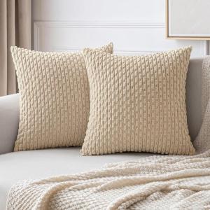 MIULEE Christmas Throw Pillow Covers Soft Corduroy Decorative Set of 2 Boho Striped Pillow Covers Pillowcases Farmhouse Home Decor for Couch Bed Sofa Living Room 18×18 Inch Pure White(Beige)