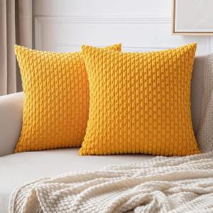 MIULEE Christmas Throw Pillow Covers Soft Corduroy Decorative Set of 2 Boho Striped Pillow Covers Pillowcases Farmhouse Home Decor for Couch Bed Sofa Living Room 18×18 Inch Pure White(Golden Yellow)