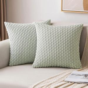 MIULEE Christmas Throw Pillow Covers Soft Corduroy Decorative Set of 2 Boho Striped Pillow Covers Pillowcases Farmhouse Home Decor for Couch Bed Sofa Living Room 18×18 Inch Pure White(Light Green)