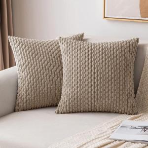 MIULEE Christmas Throw Pillow Covers Soft Corduroy Decorative Set of 2 Boho Striped Pillow Covers Pillowcases Farmhouse Home Decor for Couch Bed Sofa Living Room 18×18 Inch Pure White(Light Brown)