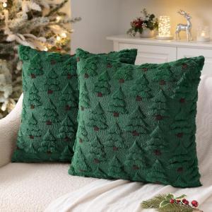 MIULEE Christmas Tree Decorative Pillow Covers Faux Fur Wool Throw Pillows Soft Plush Cushion Covers Set of 2 Xmas Home Decor Winter Holiday for Sofa Couch Livingroom Bed 18×18 Inch Beige(Dark Green)