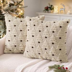 MIULEE Christmas Tree Decorative Pillow Covers Faux Fur Wool Throw Pillows Soft Plush Cushion Covers Set of 2 Xmas Home Decor Winter Holiday for Sofa Couch Livingroom Bed 18×18 Inch Beige(Beige)