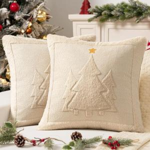 MIULEE Christmas Trees Pillow Covers Set of 2 Decorative Soft Throw Pillows Plush Faux Fur Wool Embroidered Couch Cushion for Holiday Winter Home Decor Chair Sofa Bedroom Living Room,Green 18x18inch(Beige)