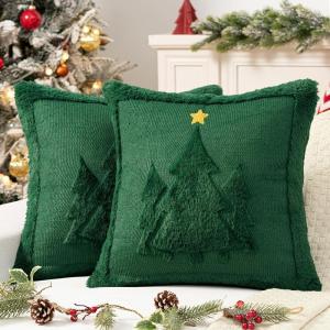 MIULEE Christmas Trees Pillow Covers Set of 2 Decorative Soft Throw Pillows Plush Faux Fur Wool Embroidered Couch Cushion for Holiday Winter Home Decor Chair Sofa Bedroom Living Room,Green 18x18inch(Green)