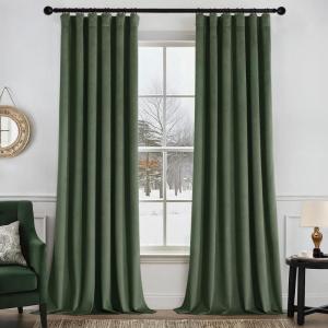 MIULEE Christmas Velvet Curtains 96 Inches Long 2 Panels Set for Bedroom, Pinch Pleat Back Tab Thermal Insulated Living Room Darkening Drapes Pleated Blackout Floor to Ceiling Curtain with Hooks, Red(Olive Green)
