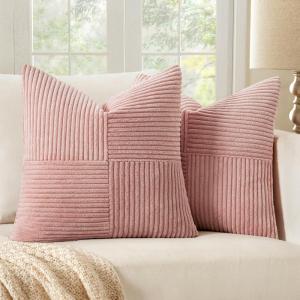 MIULEE Christmas White Corduroy Pillow Covers Pack of 2 Boho Decorative Spliced Throw Pillow Covers Soft Couch Pillowcases Cross Patchwork Textured Cushion Covers for Living Room Bed Sofa 18×18 inch(Pink)