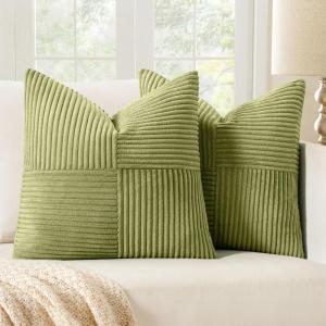 MIULEE Christmas White Corduroy Pillow Covers Pack of 2 Boho Decorative Spliced Throw Pillow Covers Soft Couch Pillowcases Cross Patchwork Textured Cushion Covers for Living Room Bed Sofa 18×18 inch(Green)
