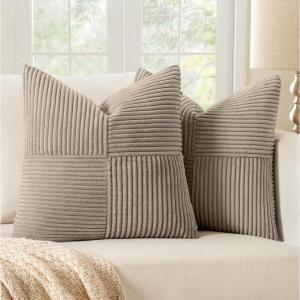 MIULEE Christmas White Corduroy Pillow Covers Pack of 2 Boho Decorative Spliced Throw Pillow Covers Soft Couch Pillowcases Cross Patchwork Textured Cushion Covers for Living Room Bed Sofa 18×18 inch(Light Brown)