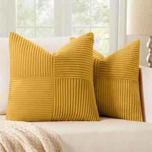 MIULEE Christmas White Corduroy Pillow Covers Pack of 2 Boho Decorative Spliced Throw Pillow Covers Soft Couch Pillowcases Cross Patchwork Textured Cushion Covers for Living Room Bed Sofa 18×18 inch(Mustard Yellow)