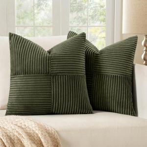MIULEE Christmas White Corduroy Pillow Covers Pack of 2 Boho Decorative Spliced Throw Pillow Covers Soft Couch Pillowcases Cross Patchwork Textured Cushion Covers for Living Room Bed Sofa 18×18 inch(Olive Green)