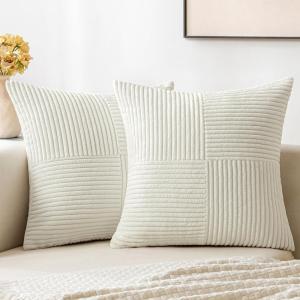 MIULEE Christmas White Corduroy Pillow Covers Pack of 2 Boho Decorative Spliced Throw Pillow Covers Soft Couch Pillowcases Cross Patchwork Textured Cushion Covers for Living Room Bed Sofa 18×18 inch(White)