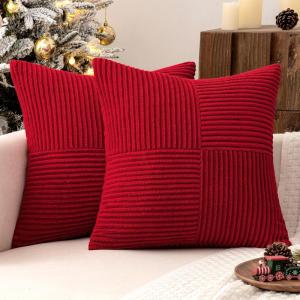 MIULEE Christmas White Corduroy Pillow Covers Pack of 2 Boho Decorative Spliced Throw Pillow Covers Soft Couch Pillowcases Cross Patchwork Textured Cushion Covers for Living Room Bed Sofa 18×18 inch(Red)