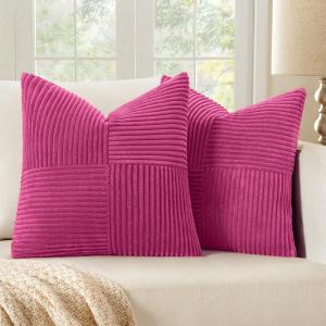 MIULEE Christmas White Corduroy Pillow Covers Pack of 2 Boho Decorative Spliced Throw Pillow Covers Soft Couch Pillowcases Cross Patchwork Textured Cushion Covers for Living Room Bed Sofa 18×18 inch(Hot Pink)