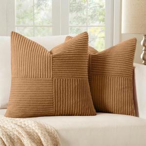 MIULEE Christmas White Corduroy Pillow Covers Pack of 2 Boho Decorative Spliced Throw Pillow Covers Soft Couch Pillowcases Cross Patchwork Textured Cushion Covers for Living Room Bed Sofa 18×18 inch(Brown)