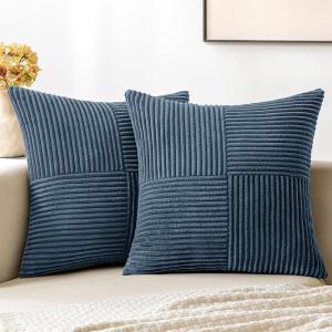 MIULEE Christmas White Corduroy Pillow Covers Pack of 2 Boho Decorative Spliced Throw Pillow Covers Soft Couch Pillowcases Cross Patchwork Textured Cushion Covers for Living Room Bed Sofa 18×18 inch(Blue)